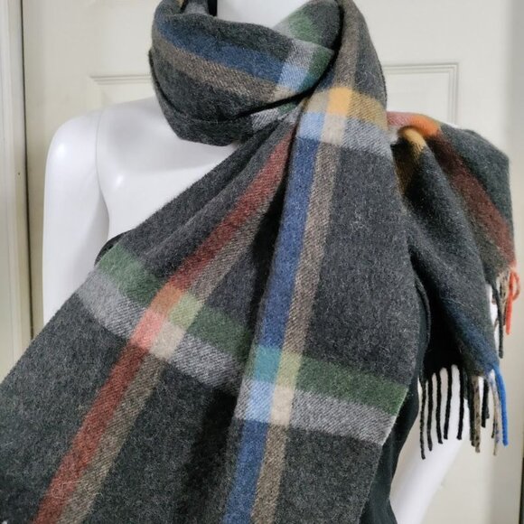 V.Fraas 100% Cashmere Plaid Fringe Hem Rectangular Scarf Black Multi Men's OS - Picture 3 of 6